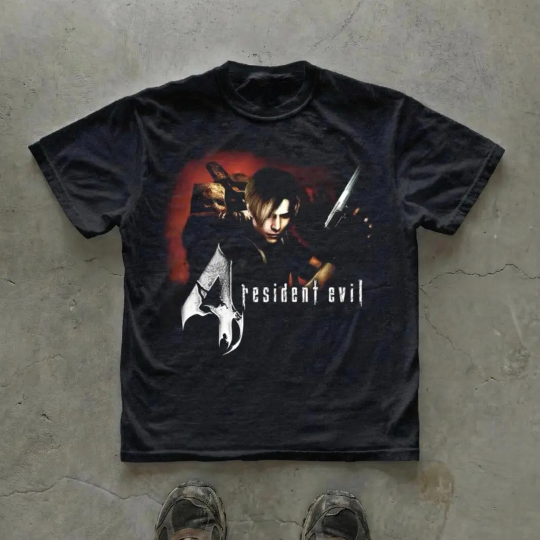 Leon Kennedy Resident Evil 4 Game Graphic T-Shirt, Unisex Vintage Gothic Grunge Y2K Emo Scene Style Tee, Survival Horror Gamer Streetwear