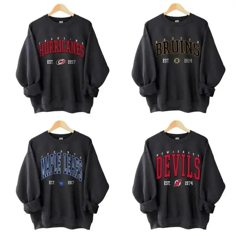 Vintage 90s All Team Hockey Black Crewneck Sweatshirt, Retro Ice Hockey City Varsity Print Maple Leafs Bruins Hurricanes Devils Pullover