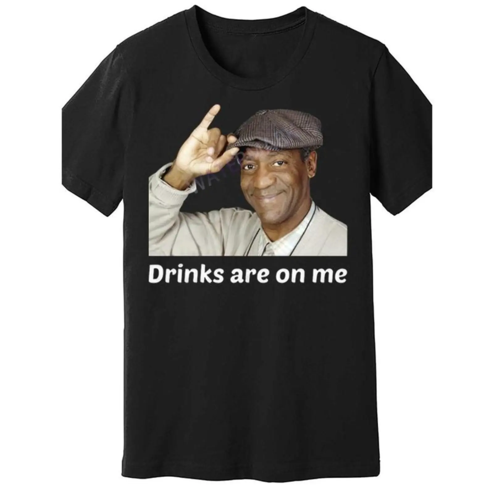Bill Cosby Drinks Are On Me Funny Meme Graphic Tee, Dark Humor Photo Print Casual Streetwear Men's Cotton Crewneck T-Shirt