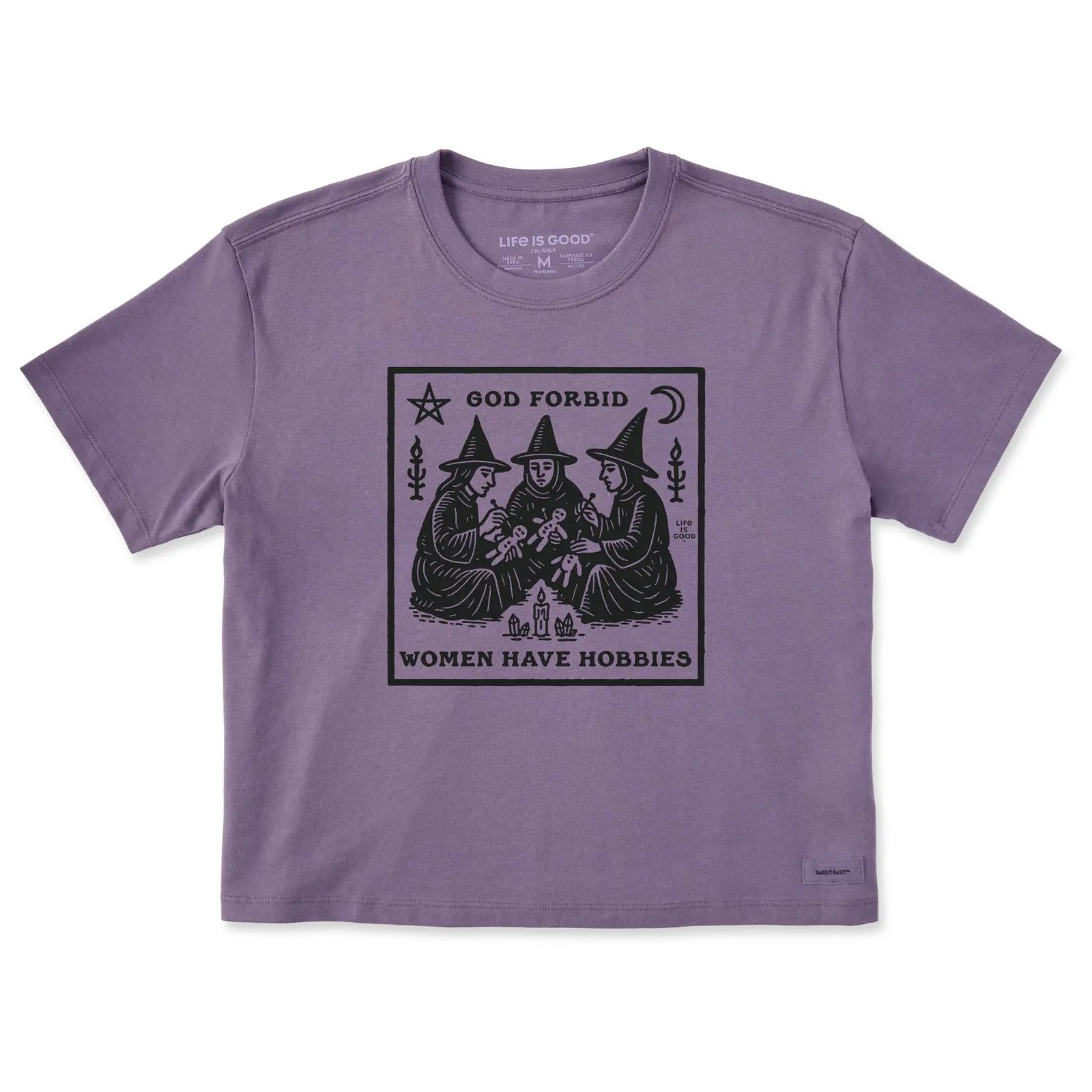 God Forbid Women Have Hobbies Life Is Good Witches Graphic Tee, Vintage Woodcut Witch Coven Halloween Boxy Crusher T-Shirt for Women