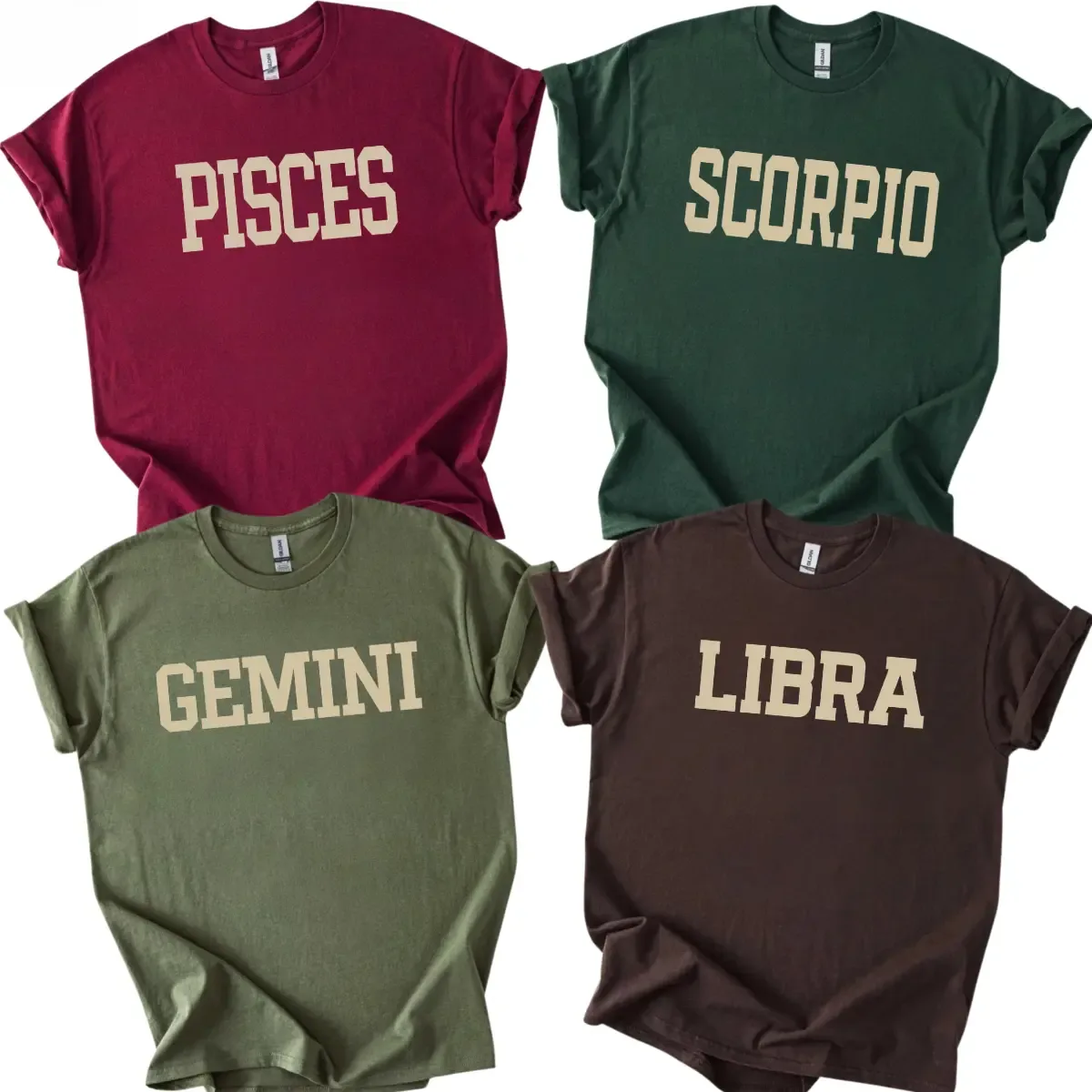 Zodiac Sign College Letter Graphic Tee, Horoscope Astrology Vintage Minimalist Text Design T-Shirt, All 12 Signs Clean Aesthetic Casual Top