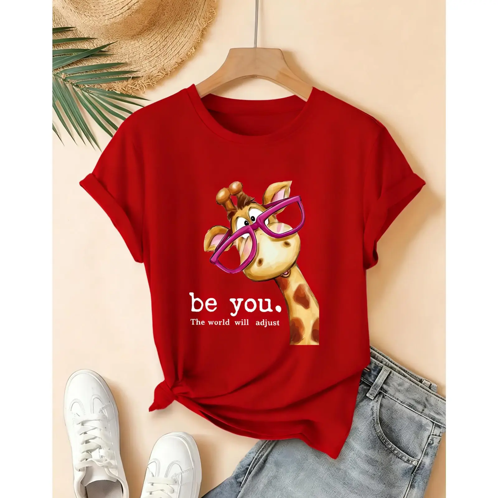 Be You The World Will Adjust Cute Cartoon Giraffe Pink Glasses Graphic Tee, Panda Bunny Fox Dachshund Vintage Cotton Women's T-Shirt