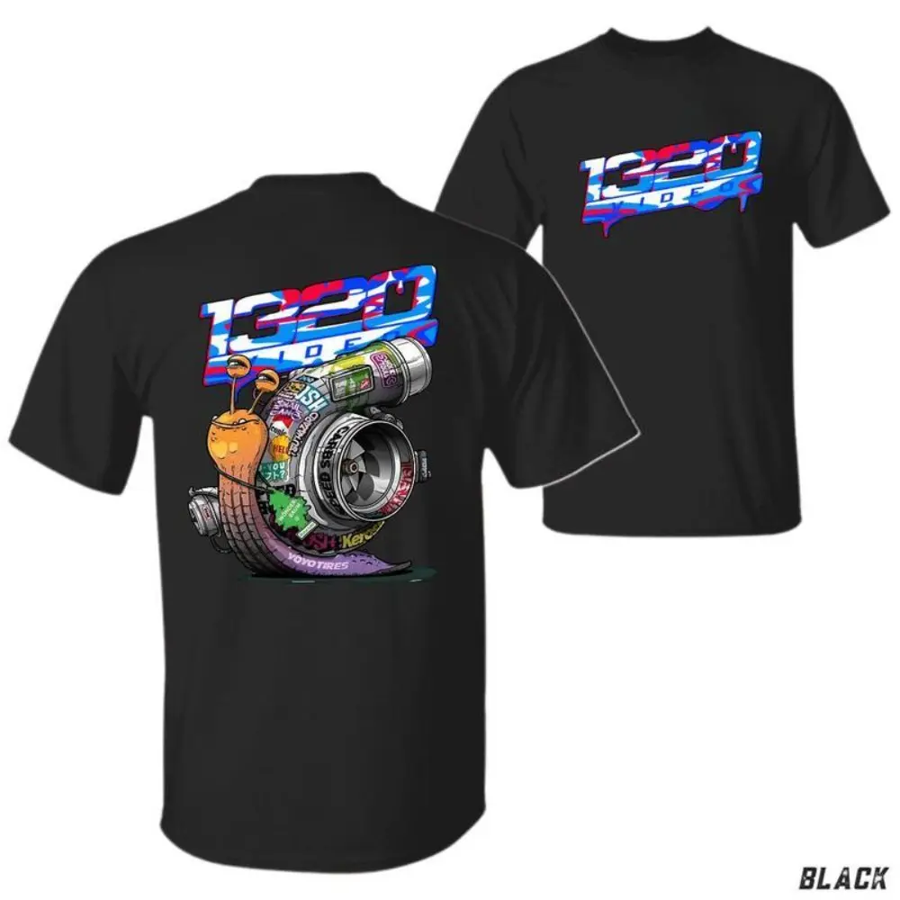 1320 Video Turbo Snail Car Graphic T-Shirt, Front and Back Print Speed Boost Drag Racing Tee for Gearheads, Cotton Crewneck Casual Sportswear