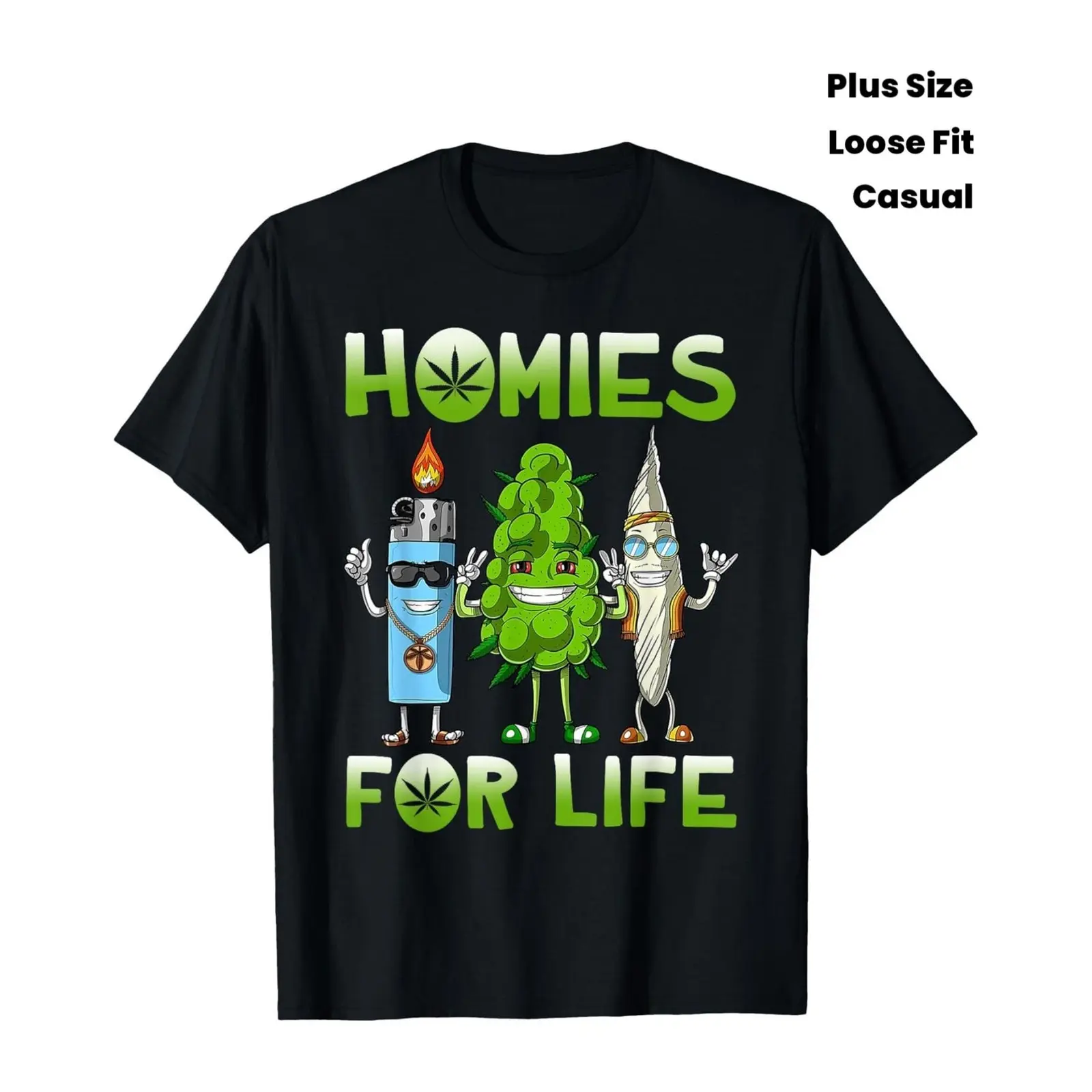 Homies for Life Funny Weed Buddies Cartoon Graphic Tee, Vintage Washed or Classic Cotton Streetwear Relaxed Fit Plus Size Unisex T-Shirt