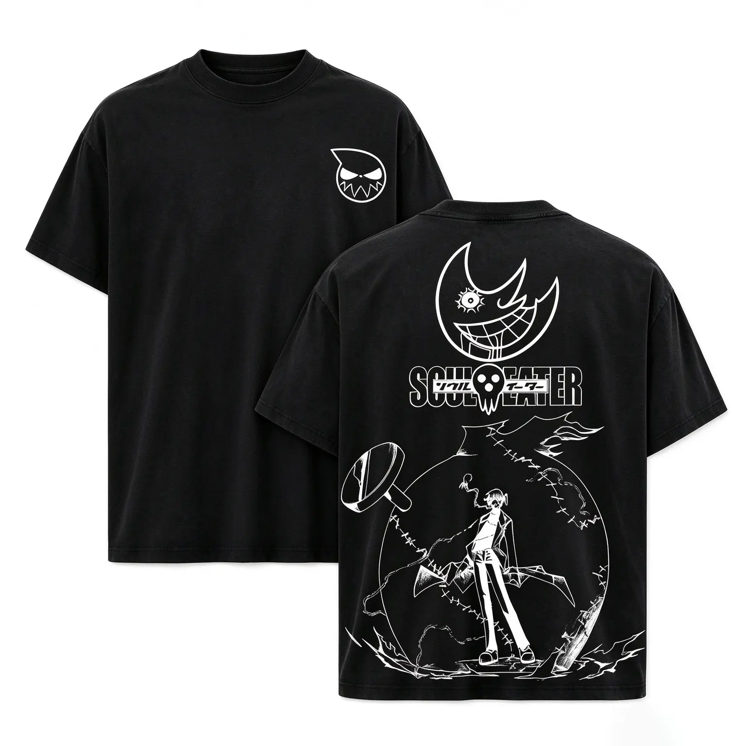 Soul Eater Anime Graphic Washed Distressed T-Shirt, Vintage Streetwear Two-Sided Print Oversized Unisex Couples Tee in Plus Sizes