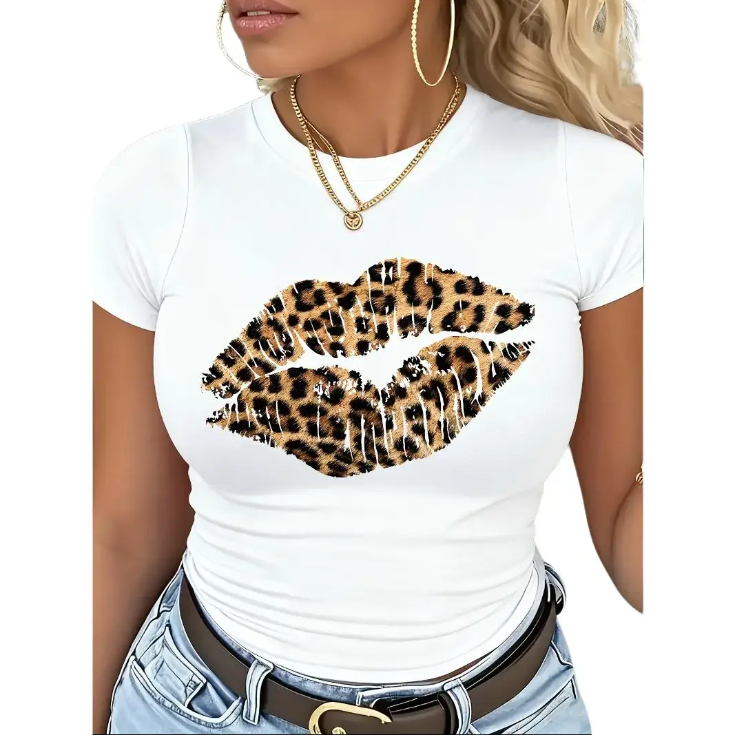 Leopard Print Lips Graphic Tee, Cute Trendy Women's Washed T-Shirt Hoodie and Sweatshirt, Streetwear Summer Top for Date Night and Brunch