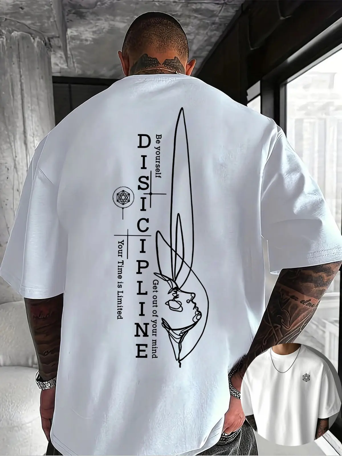 Discipline Be Yourself Your Time Is Limited Graphic Tee, Minimalist Line Art Back Print Oversized Plus Size Men's Streetwear T-Shirt