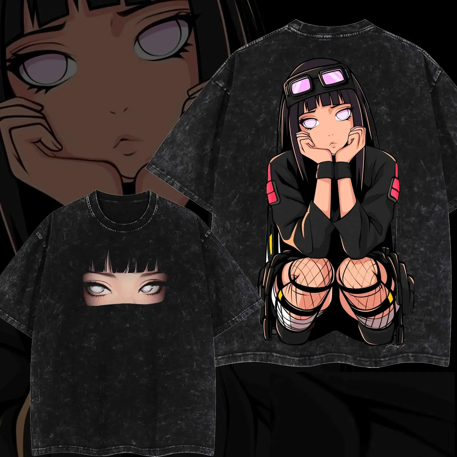 Naruto Hinata Hyuga Anime Graphic Tee, Vintage Grunge Washed Oversized Cotton T-Shirt, Two-Sided Byakugan Eyes Print Anime Merch