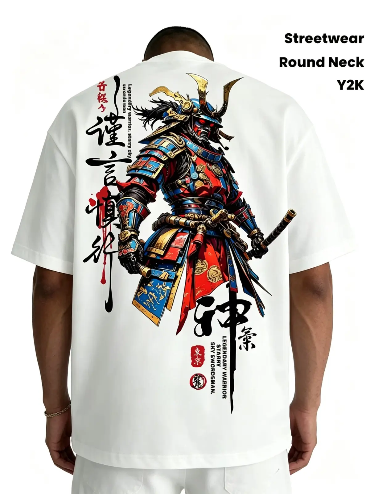 Japanese Samurai Warrior Kanji Calligraphy Graphic Tee, Y2K Streetwear Front and Back Print Baggy Loose Fit T-Shirt, Asian Art Casual Top