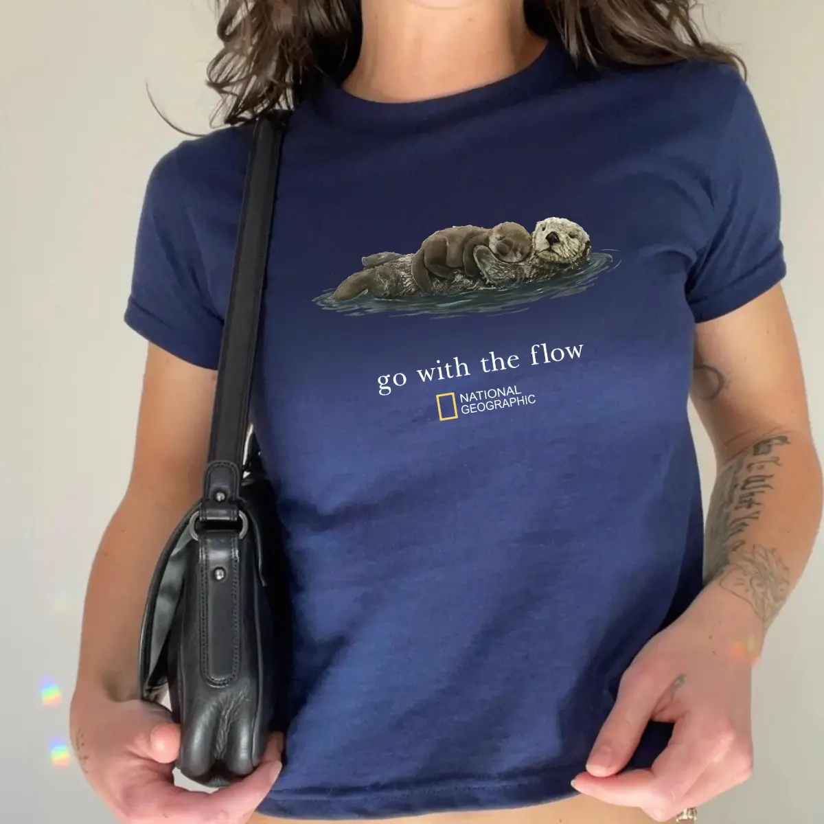 Go With The Flow Sea Otter National Geographic Graphic Baby Tee, Cute Animal Aesthetic Y2K Slim Fit T-Shirt, Unisex Streetwear Top