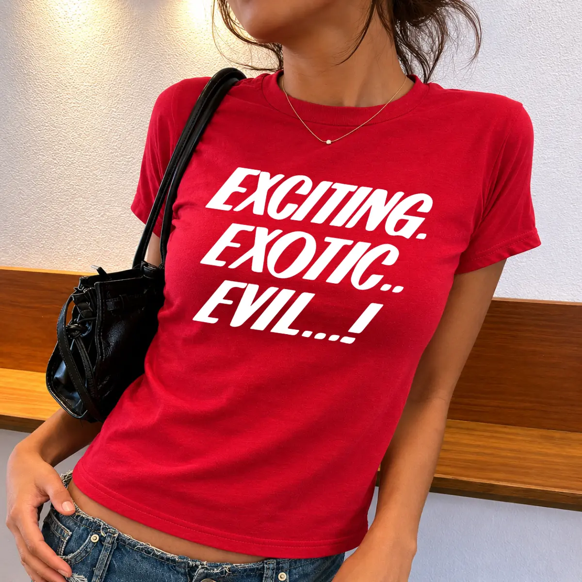 Exciting Exotic Evil Slogan Baby Tee, Bold Quote Graphic Slim Fit Cropped T-Shirt, Y2K Aesthetic Statement Top for Trendy Womens Streetwear