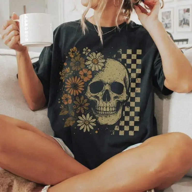 Boho Skull Daisy Checkered Graphic Tee, Vintage Retro Summerween Spooky Halloween Cute Flower Skeleton Print Casual Everyday Cotton T-Shirt