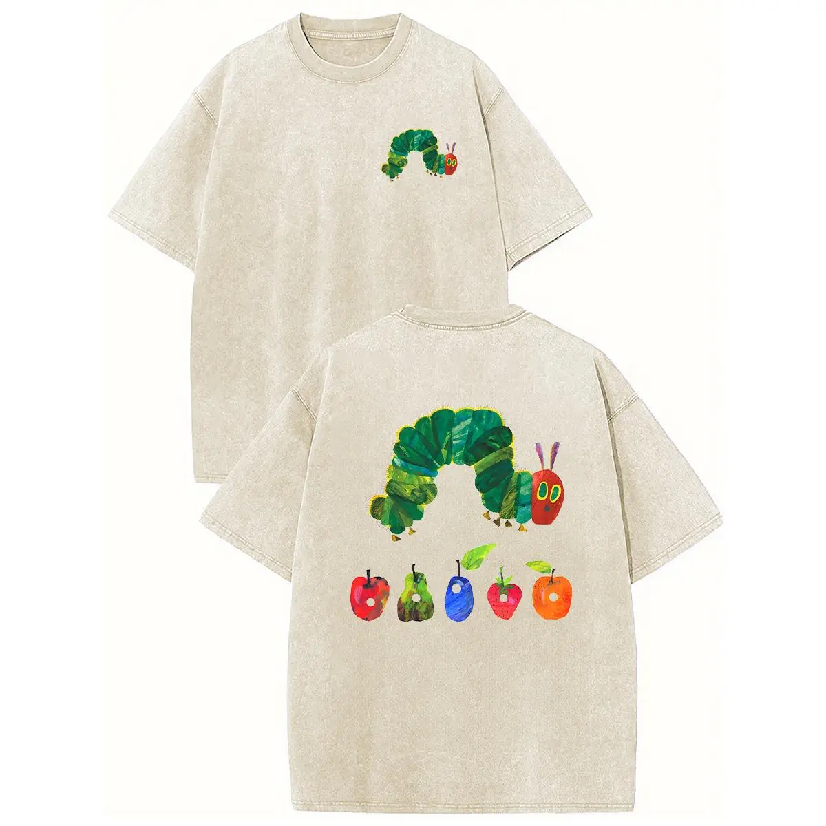 The Very Hungry Caterpillar Acid Wash Vintage Graphic Tee, Two-Sided Print Heavyweight Cotton Oversized T-Shirt, Retro Storybook Streetwear Top