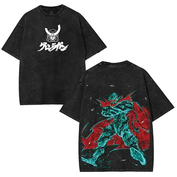 Tengen Toppa Gurren Lagann Kamina Requiem Anime Graphic Tee, Crimson Skull Front and Back Print Retro Mecha Acid Washed Loose T-Shirt