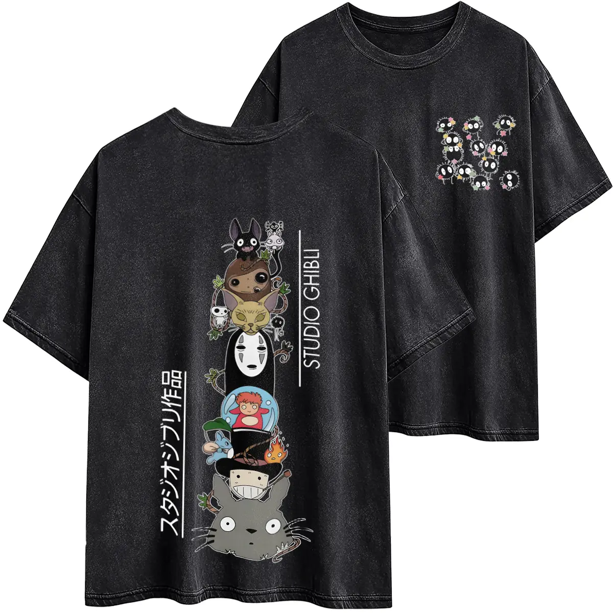 Studio Ghibli Spirited Away Totoro Howl's Moving Castle Kiki Kodama Susuwatari Calcifer Washed Tee, Y2K Streetwear Front and Back Anime Shirt