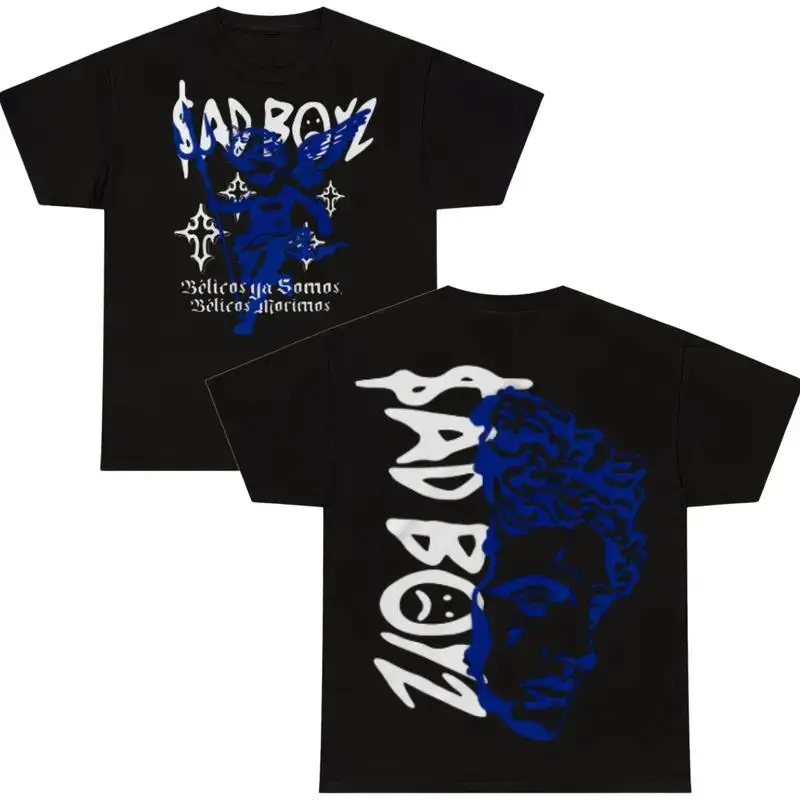 Sad Boyz Junior H Vintage Hip Hop Rap Graphic Tee, Cherub Angel and Greek Statue Double-Sided Print Streetwear Unisex Sporty T-Shirt