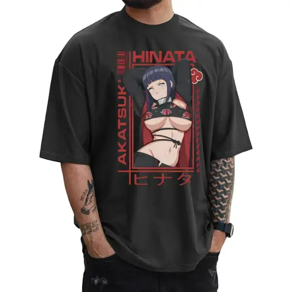 Naruto Hinata Hyuga Akatsuki Anime Graphic Tee, Japanese Katakana Manga Streetwear Print, Pre-Washed Soft Cotton Oversized Unisex T-Shirt