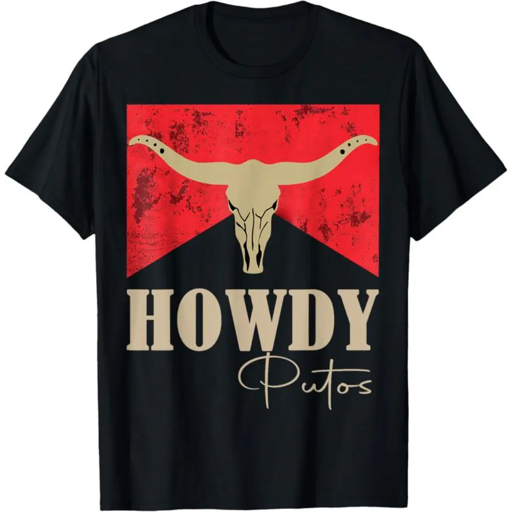 Howdy Putos Western Longhorn Skull Graphic Tee, Retro Texas Cowboy Funny Sarcastic Country Music Shirt, Vintage Western Outfit T-Shirt