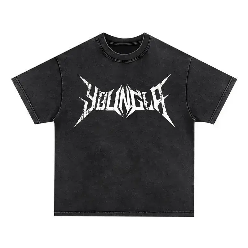 YoungLA Metalcore Font Gym Washed Heavyweight Tee, Distressed Hardcore Punk Gothic Graphic Oversized Black Workout Streetwear T-Shirt