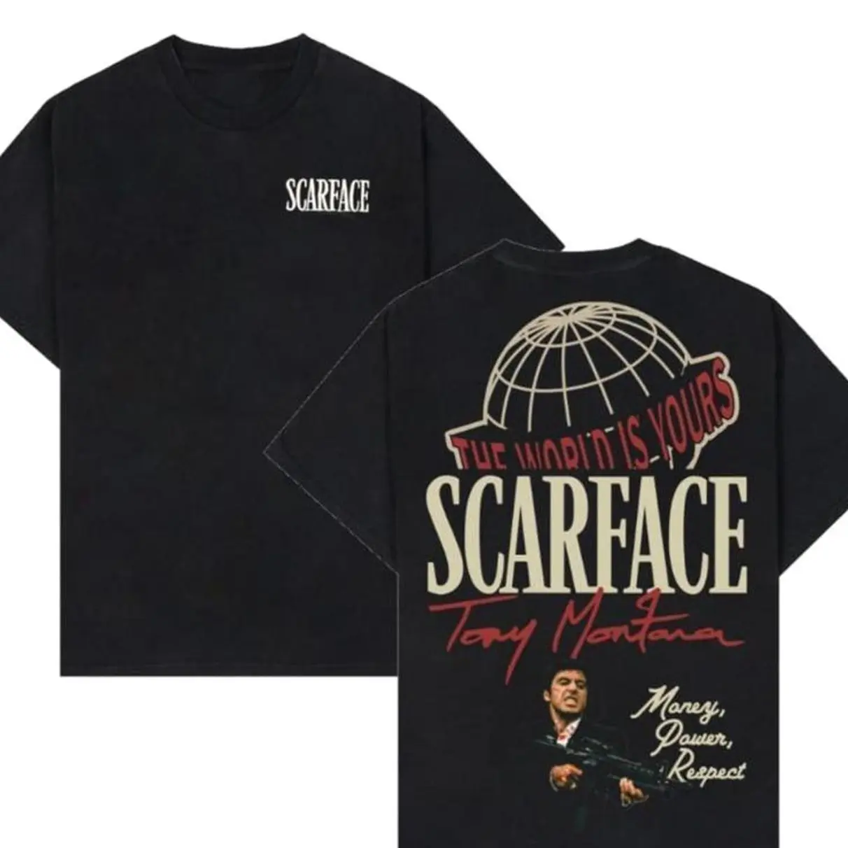 Scarface The World Is Yours Tony Montana Double-Sided Graphic Tee, Classic Crime Movie Vintage Streetwear Shirt, Unisex Cotton T-Shirt
