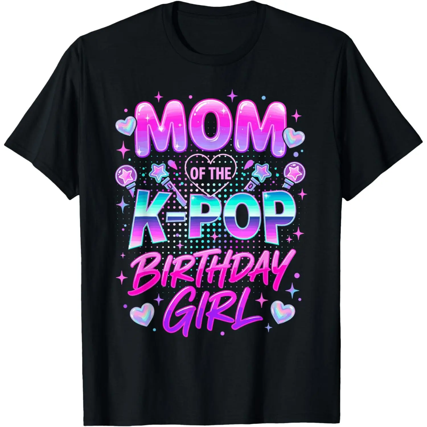 Mom of the K-Pop Birthday Girl Graphic Tee, Pink Neon Music Party Streetwear Print Casual Cotton T-Shirt for Women and K-Pop Fans