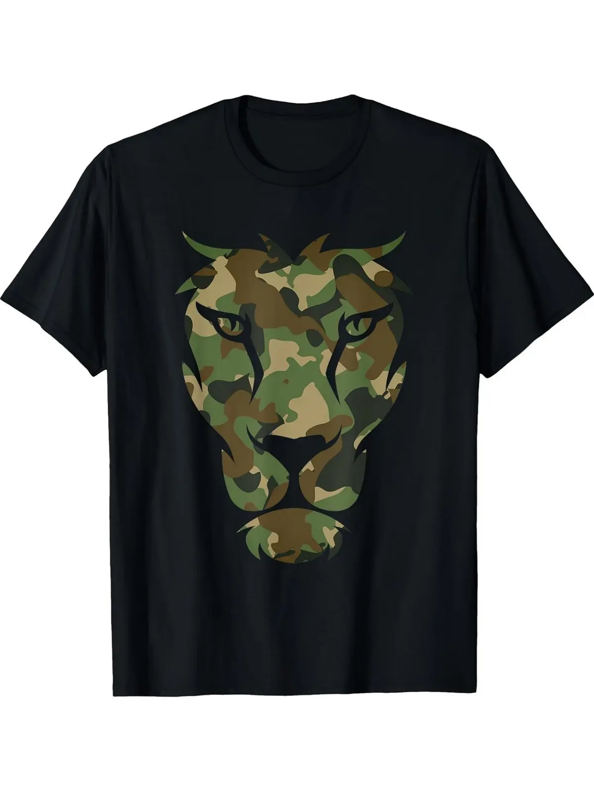 Camouflage Lion Head Graphic Tee, Camo Print Wild Animal Face Outdoor Casual Streetwear Men's Round Neck Short Sleeve T-Shirt