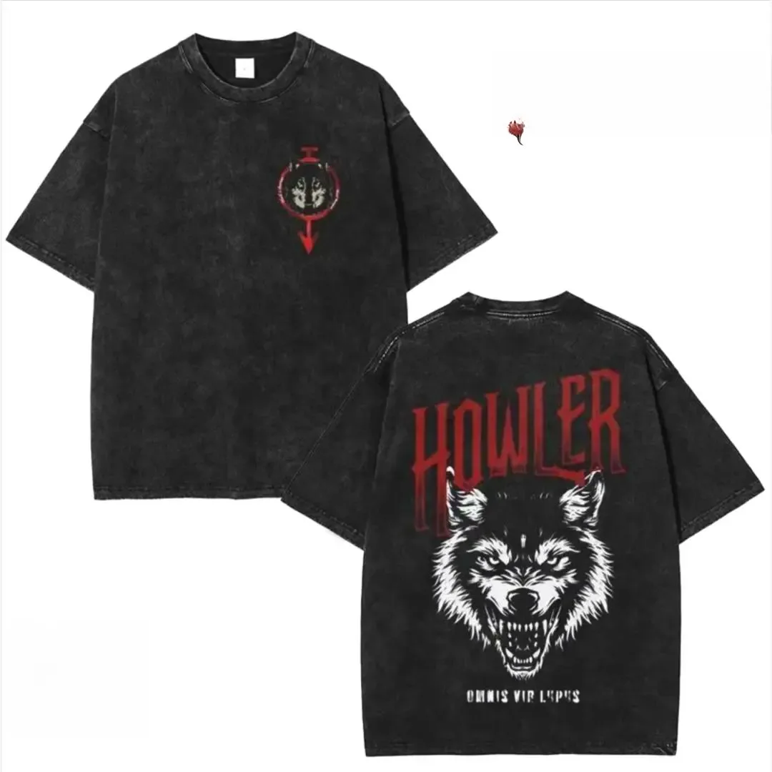 Red Rising Howler Wolf Retro Vintage Washed Graphic Tee, Two-Sided Print Baggy Oversized Unisex T-Shirt, Grunge Streetwear Aesthetic