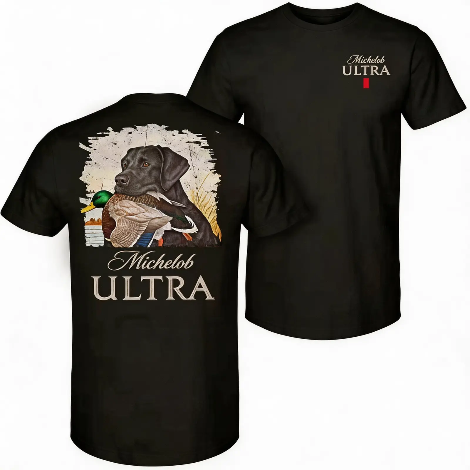 Vintage Michelob Ultra Lab Duck Graphic Tee, Black Labrador Mallard Duck Hunting Beer Front and Back Print Casual Streetwear T-Shirt