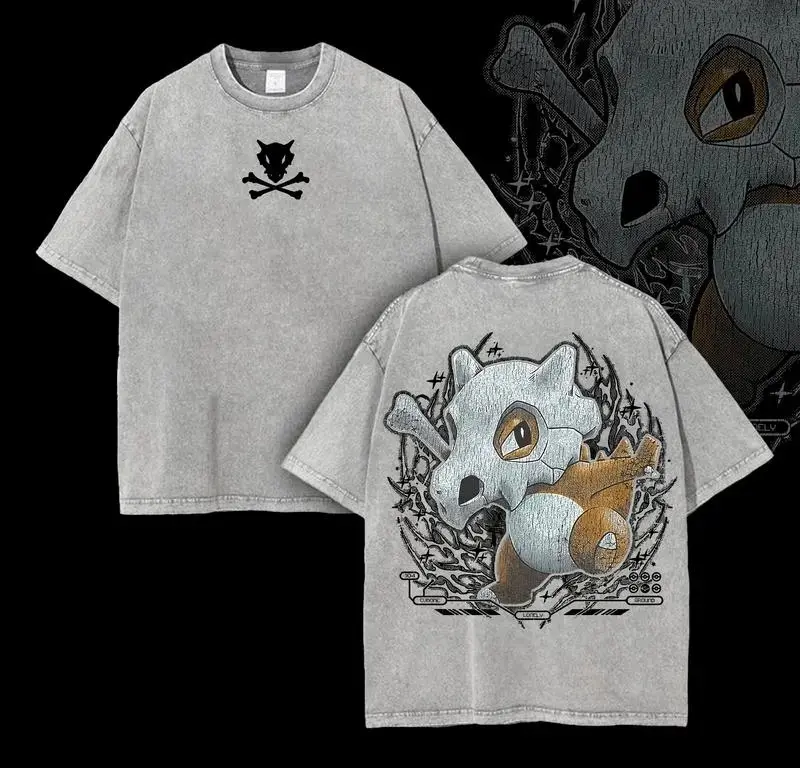 Pocket Monsters Pokemon Cubone Skull Vintage Anime Manga Tee, Front and Back Print Acid Washed Heavyweight Cotton Oversized Unisex T-Shirt