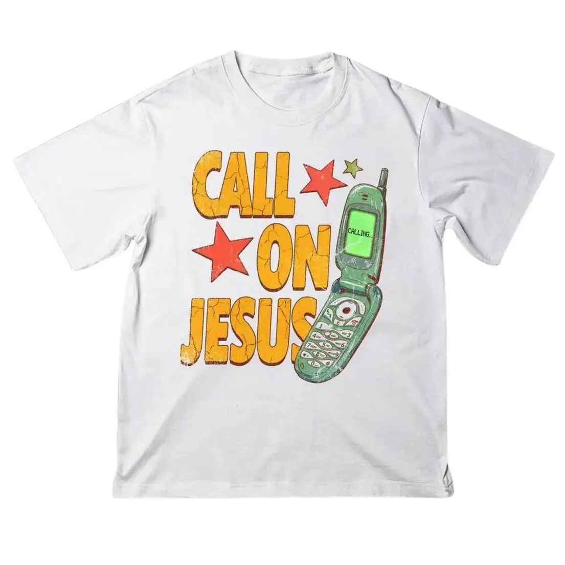 Call On Jesus Retro Flip Phone Graphic Tee, 90s Y2K Vintage Christian Faith Clothing, Relaxed Fit Comfy Cotton Unisex Crew Neck T-Shirt