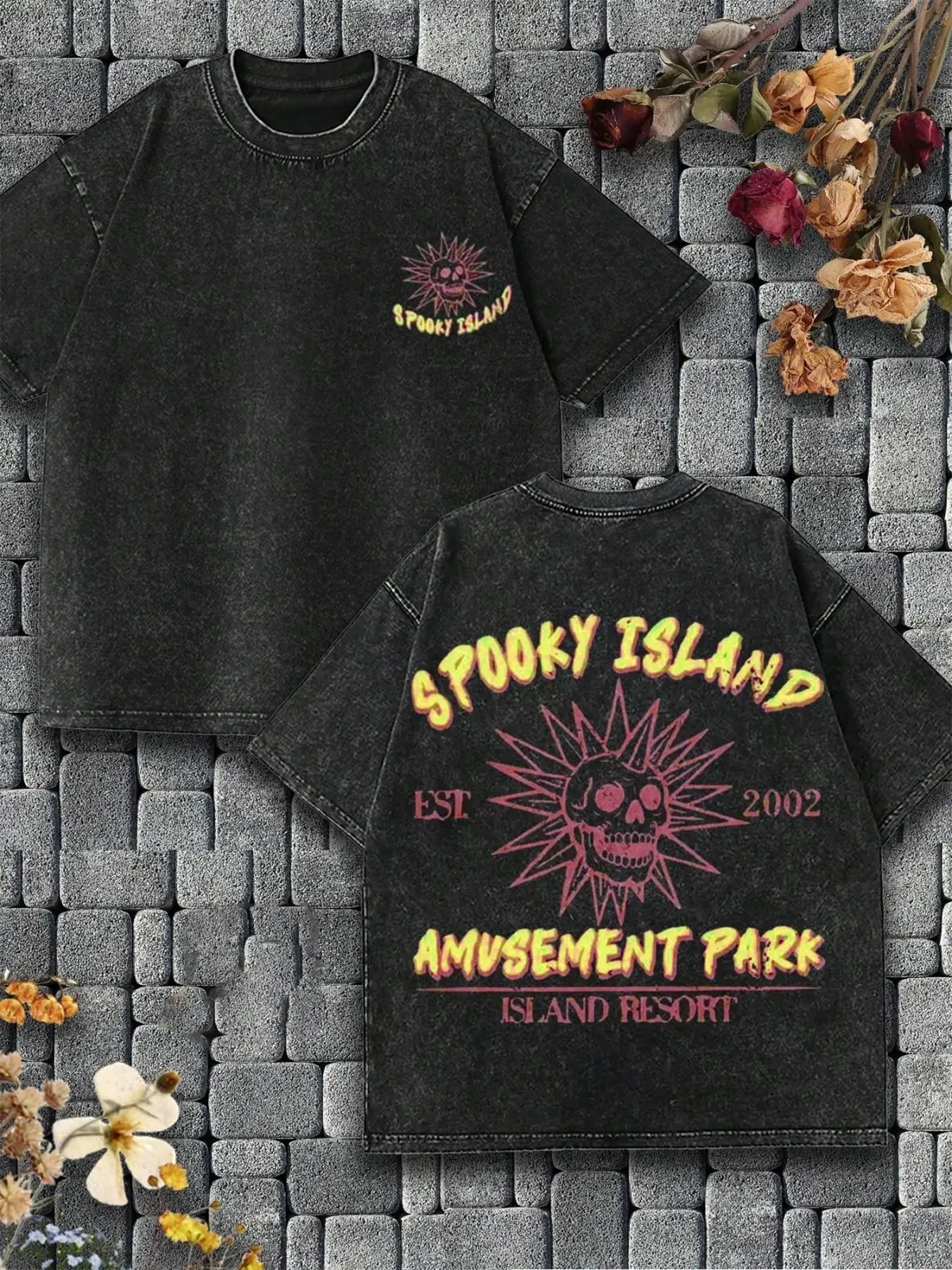 Spooky Island Amusement Park Skull Graphic Tee, Vintage Washed Front and Back Print Retro Grunge Gothic Streetwear Loose Fit T-Shirt