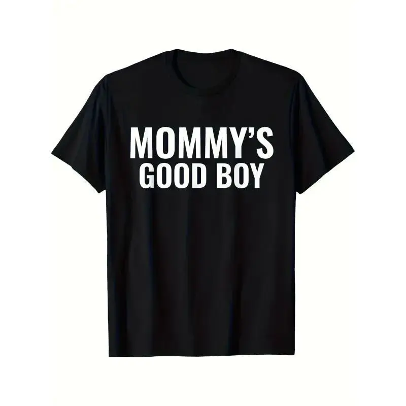 Mommy's Good Boy Funny Retro Graphic Tee for Men, Bold White Text Print Oversized Relaxed Loose Fit Cotton Crew Neck Menswear T-Shirt