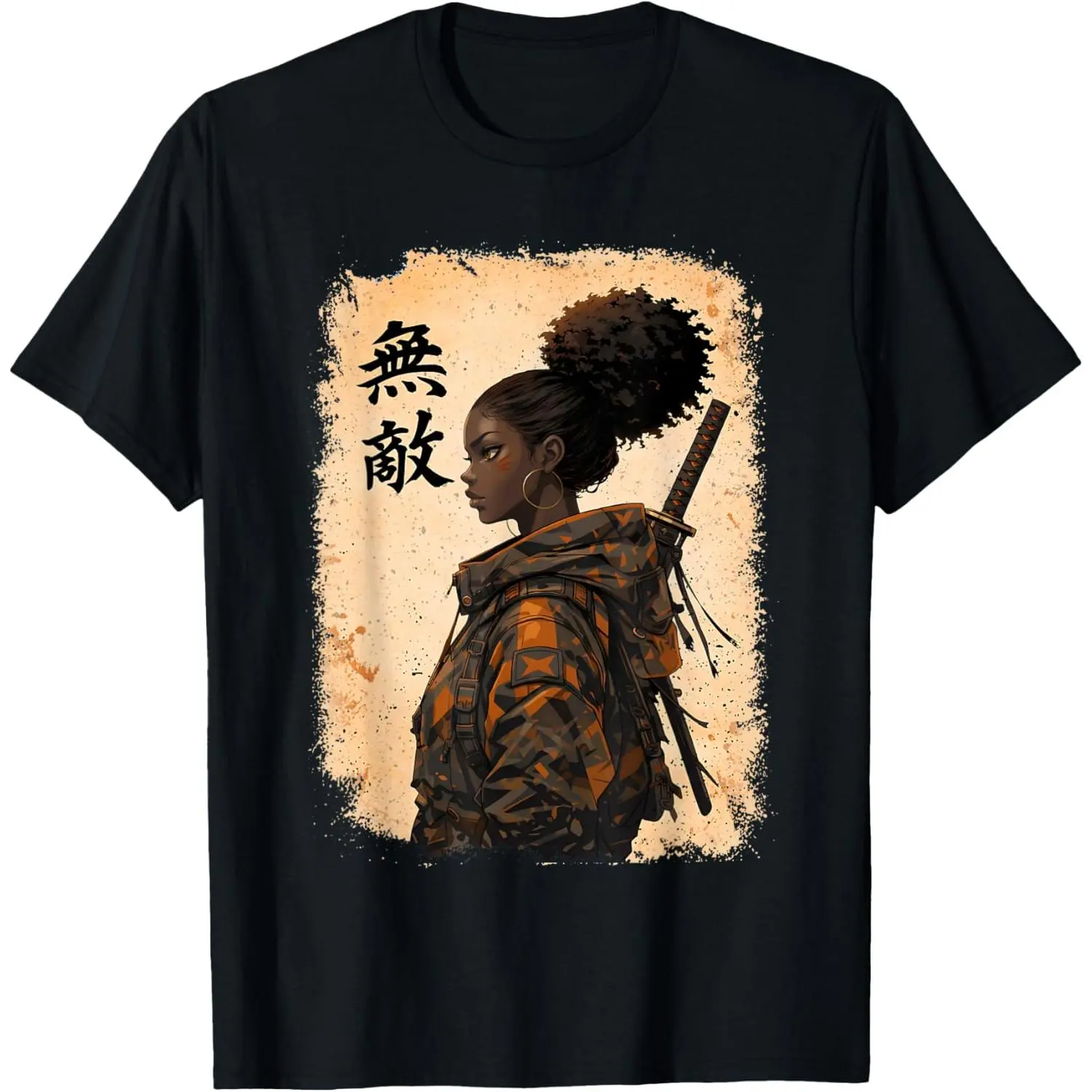 Black Samurai Girl Anime Warrior Graphic Tee, Afro African Pride Vintage Distressed Japanese Kanji Print, 100% Cotton Streetwear T-Shirt