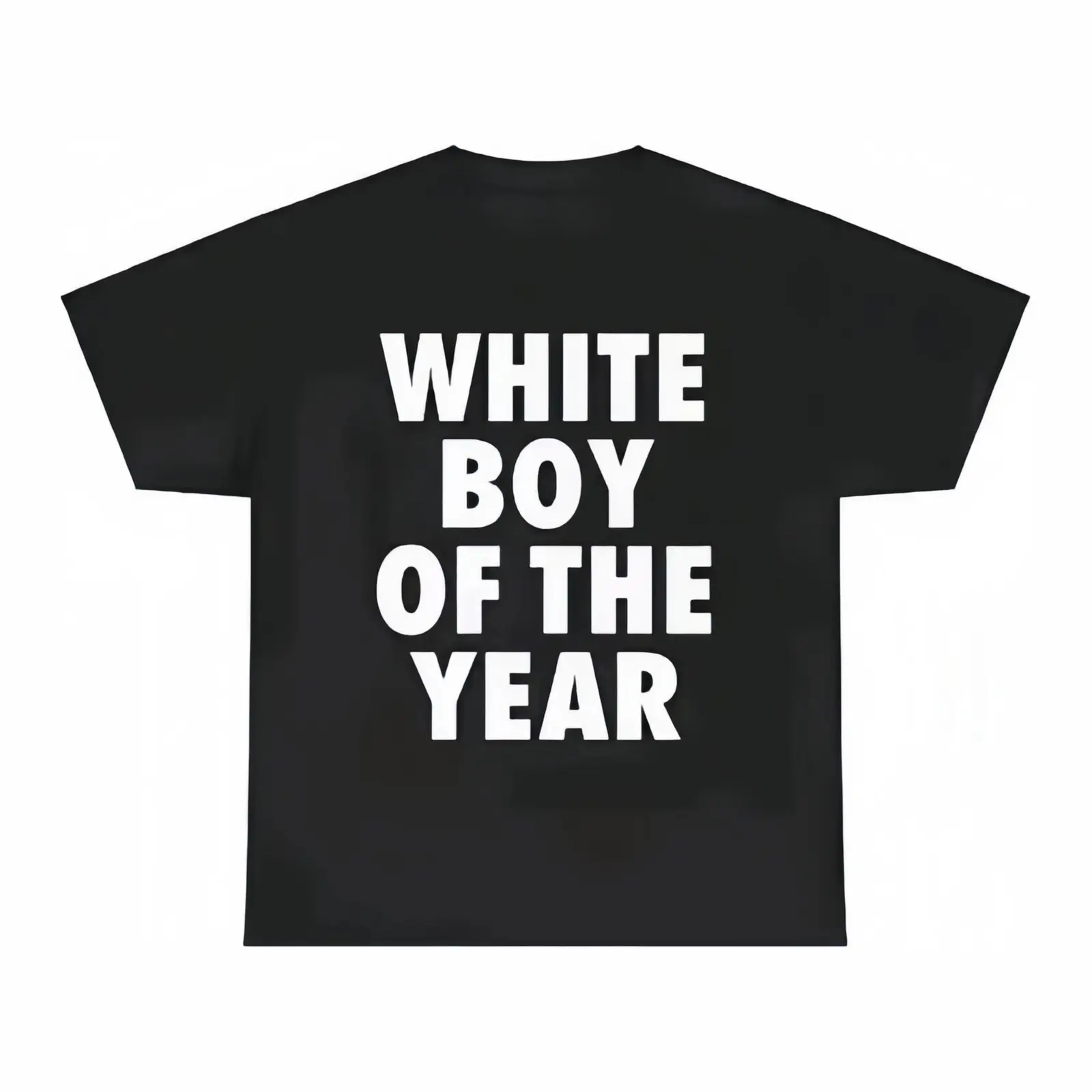 White Boy of the Year Funny Bold Text Graphic Tee, Ironic Meme Slogan Streetwear Oversized Soft Round Neck Unisex Short Sleeve Black T-Shirt