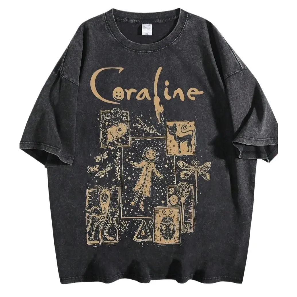 Coraline Vintage Dark Fairy Tale Graphic Tee, Goth Alt Pulp Style Retro Washed Black Loose Fit Round Neck Short Sleeve Unisex T-Shirt