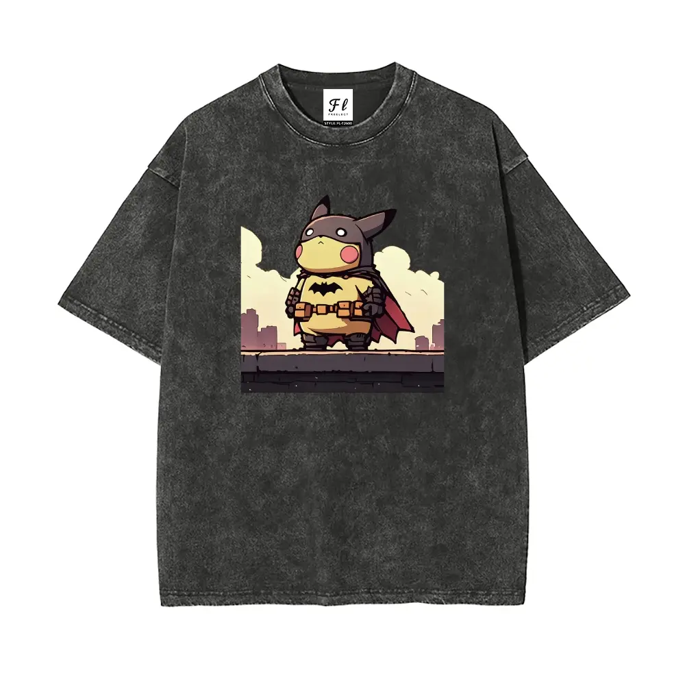Pika-Batman Pikachu Dressed as Batman Cartoon Graphic Tee, Vintage Acid Wash Heavyweight Cotton Garment Dyed Drop Shoulder Oversized T-Shirt