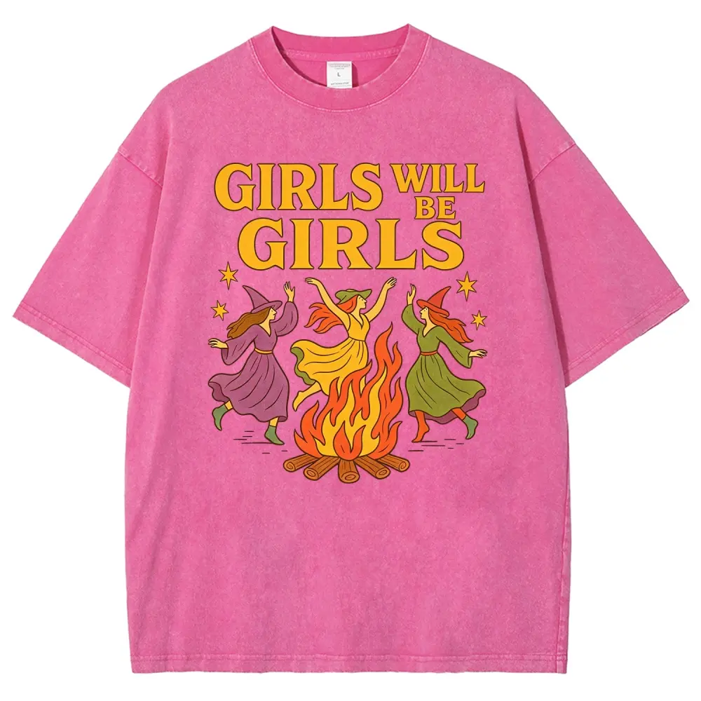 Girls Will Be Girls Retro Dancing Witches Bonfire Halloween Graphic Tee, Vintage Washed Spooky Season Funny Oversized Cotton T-Shirt