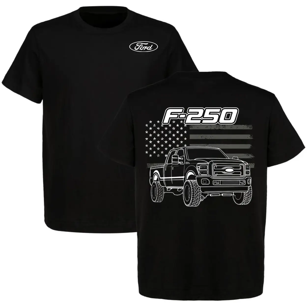 Ford F-250 OBS F Series American Flag Truck Graphic Tee, Vintage Truck Lover Front and Back Print Cotton Unisex T-Shirt for Enthusiasts