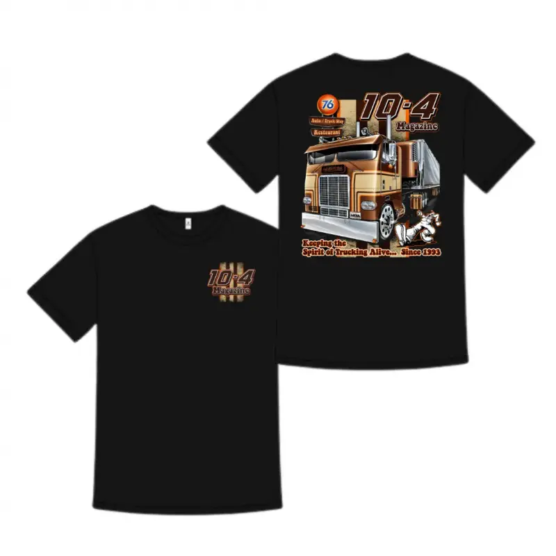 10-4 Magazine Truck Stop Graphic Tee, Retro Cabover Semi Truck Keeping the Spirit of Trucking Alive Front and Back Print Trucker T-Shirt