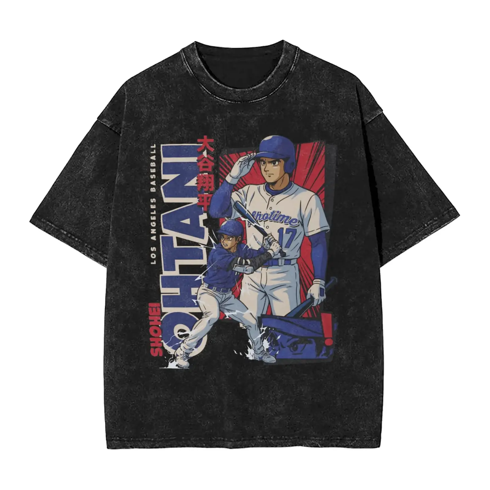 Shohei Ohtani Dodgers Los Angeles Baseball Anime Manga Style Graphic Tee, Vintage Washed Oversized Shotime 17 Streetwear Unisex T-Shirt