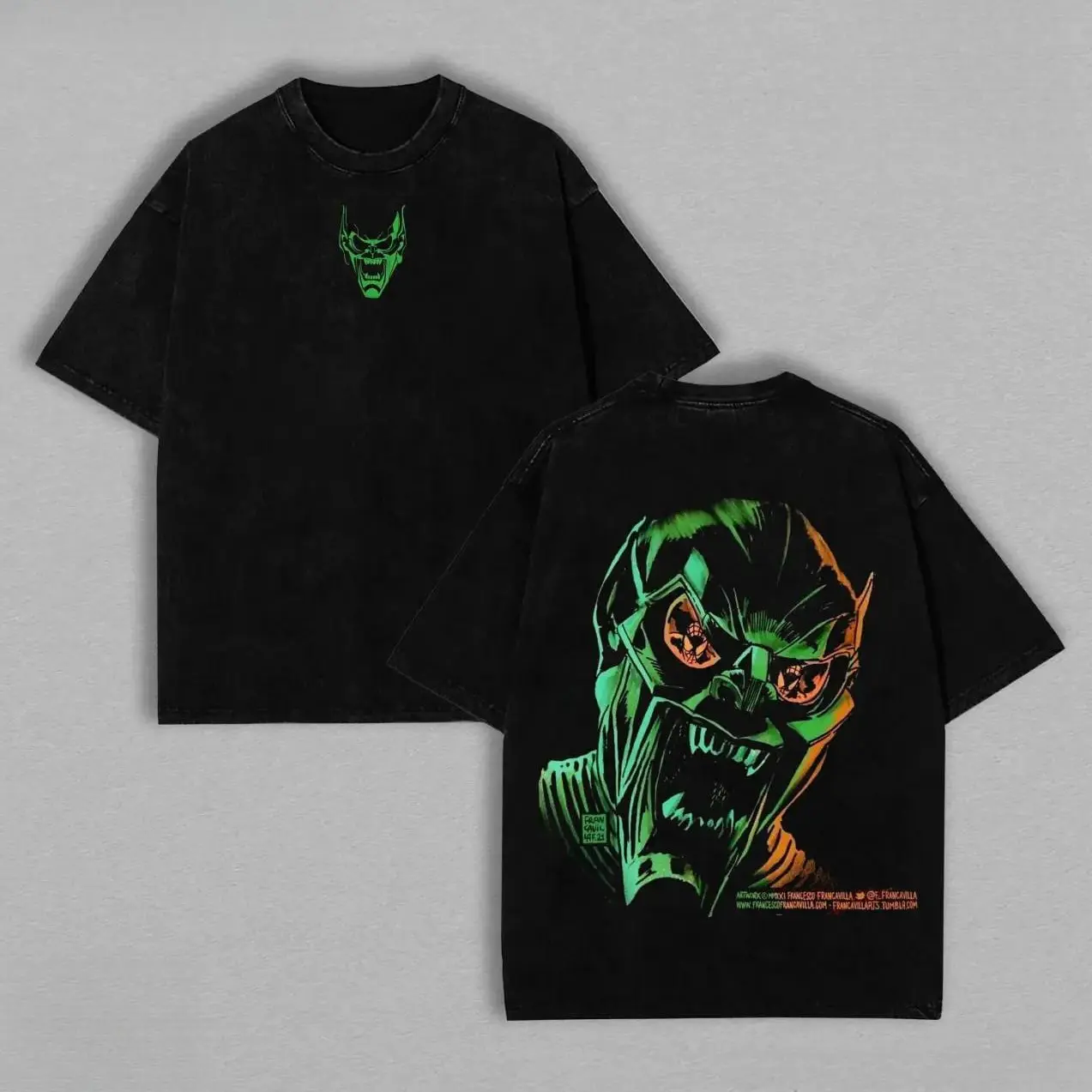 Green Goblin Marvel Villain Tribute Graphic Tee, Spider-Man Comic Front and Back Print Vintage Washed T-Shirt, Oversized Y2K Aesthetic Streetwear