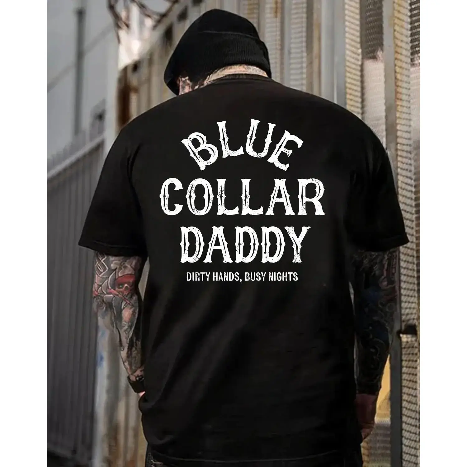 Blue Collar Daddy Dirty Hands Busy Nights Funny Workman Graphic Tee for Mechanics Welders Construction Workers, Busy Fathers Back Print Shirt