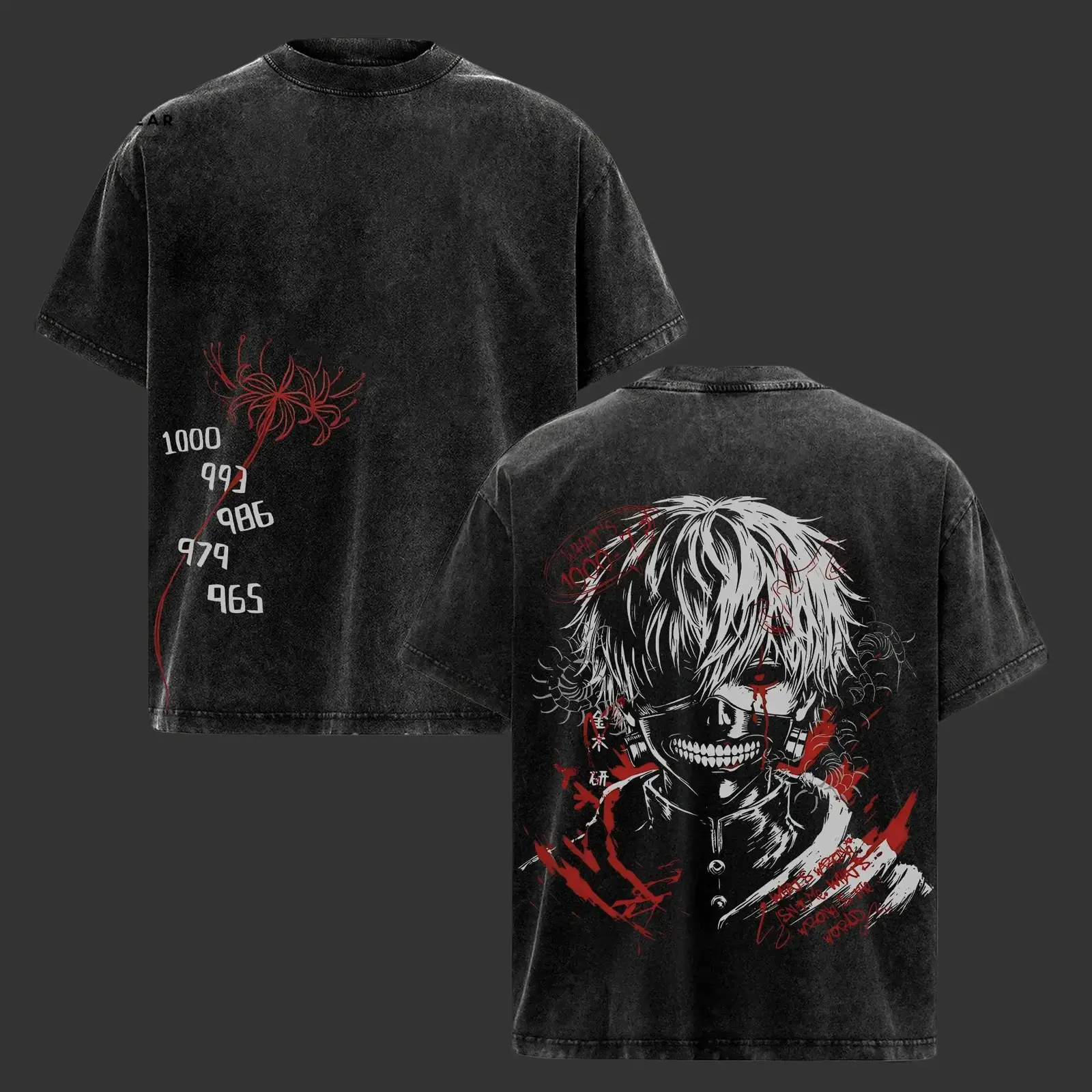 Kaneki Ken Tokyo Ghoul Anime Graphic Tee, 1000 Minus 7 Front and Back Print Oversized Acid Washed Lightweight Cotton Unisex T-Shirt for Fans