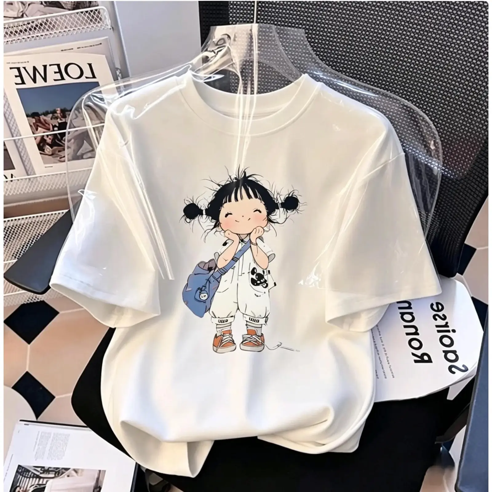 Whimsical Sketch Girl with Backpack Cute Cartoon Print Graphic Tee, Y2K Aesthetic Casual Streetwear Oversized Cotton Crewneck Women's T-Shirt