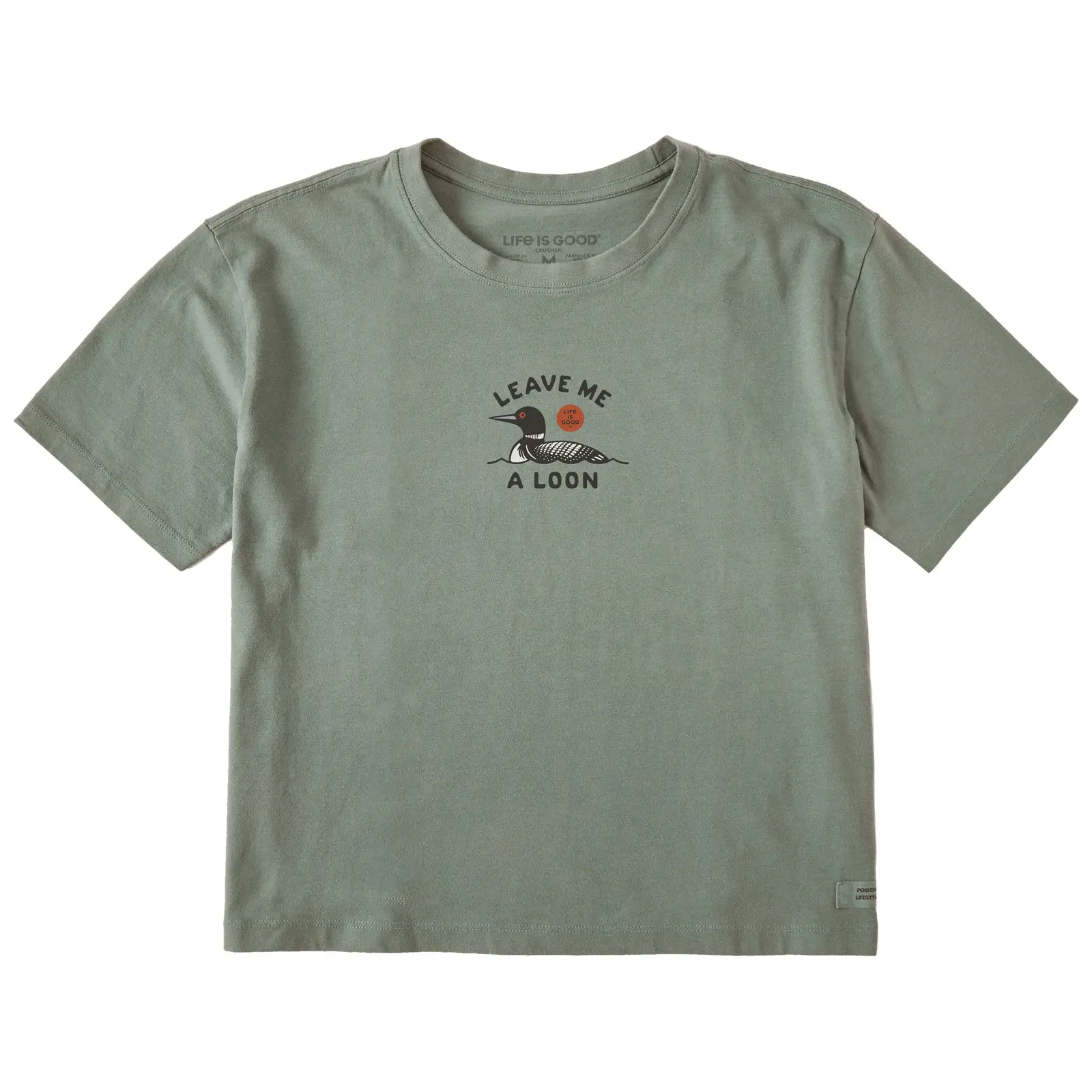 Life Is Good Leave Me a Loon Graphic Crusher Boxy Tee, Women's Relaxed Fit Cropped Short Sleeve Lake Loon Bird T-Shirt