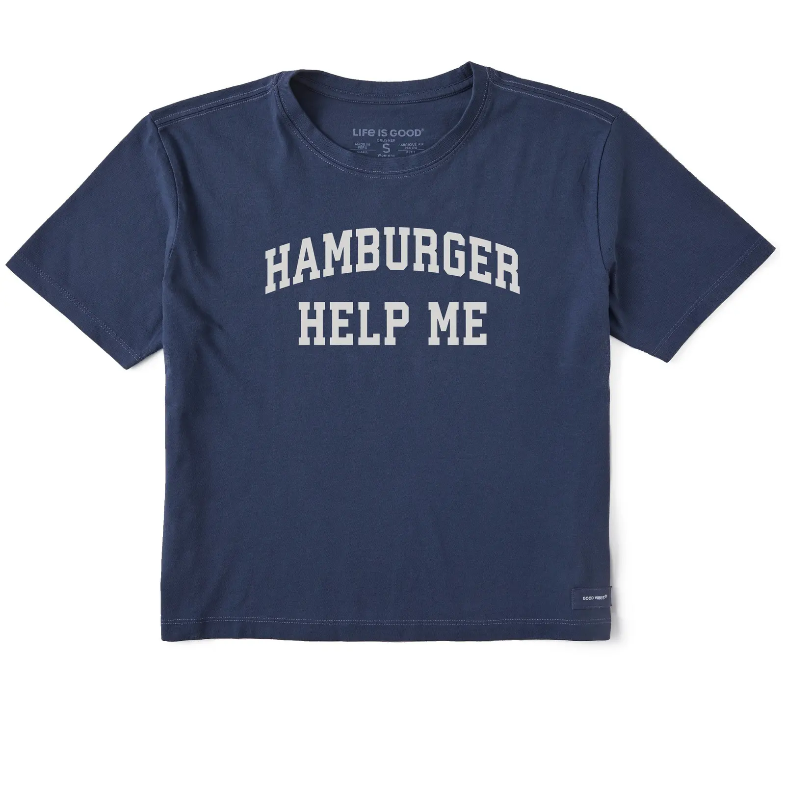 Hamburger Help Me Arch Letter Funny Graphic Tee, Life Is Good Crusher Boxy Varsity Collegiate Font Short Sleeve T-Shirt for Women