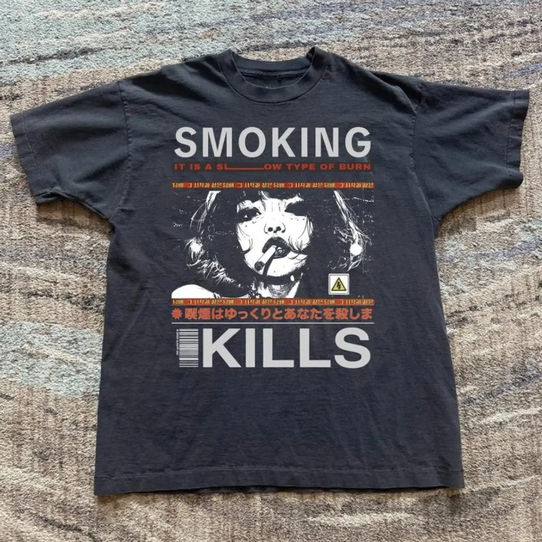 Girl Smoking Kills Vintage Graphic Tee, Y2K Gothic Grunge Emo Scene Amity Affliction Style Unisex T-Shirt, Japanese Text Streetwear Shirt