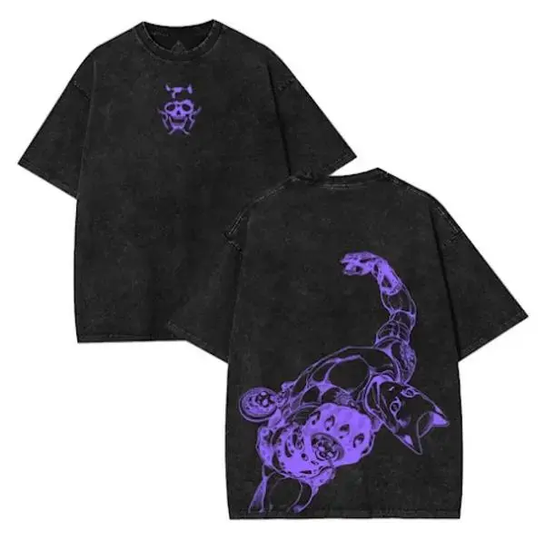 JJBA Jojo's Bizarre Adventure Killer Queen Anime Graphic Tee, Acid Wash Heavyweight Oversized Front and Back T-Shirt, Grunge Goth Y2K Streetwear