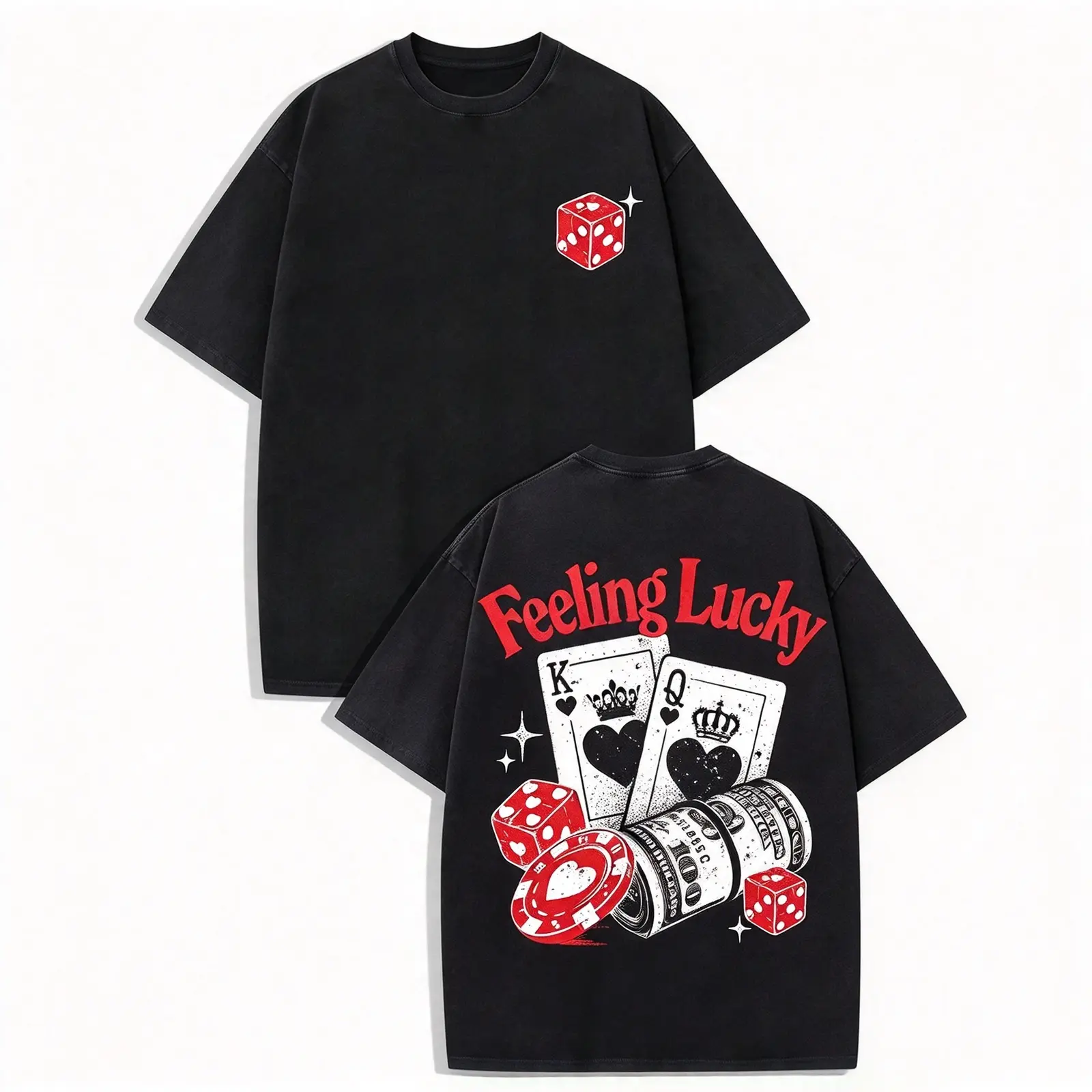 Feeling Lucky Casino Graphic Tee with King and Queen Poker Cards, Dice, Chips and Dollar Bills, Retro Double-Sided Washed Shirt or Hoodie
