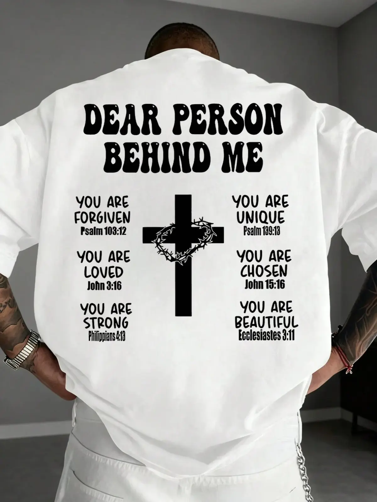Dear Person Behind Me Christian Bible Verse Graphic Tee, Cross and Crown of Thorns Back Print Oversized Streetwear T-Shirt, Crew Neck for Men